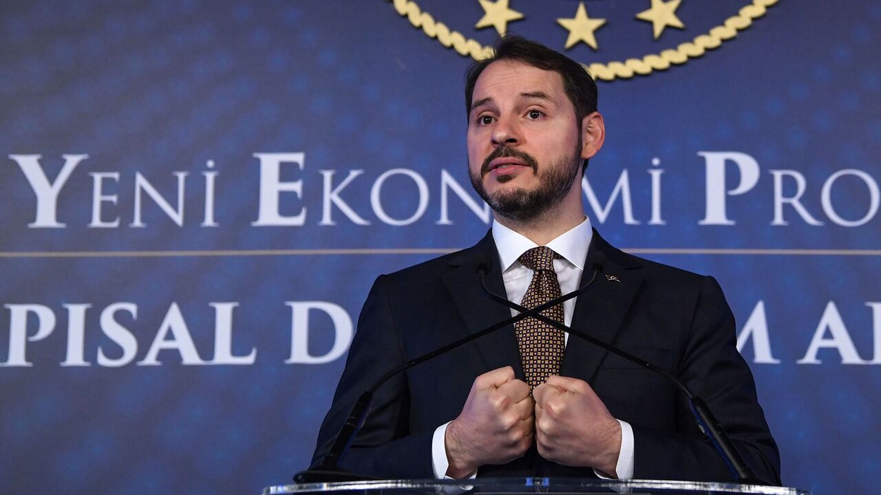 Turkish Treasury and Finance Minister Berat Albayrak addresses a press conference to announce his new economic policy and reforms in Istanbul on April 10, 2019. (Photo by OZAN KOSE / AFP)        (Photo credit should read OZAN KOSE/AFP via Getty Images)