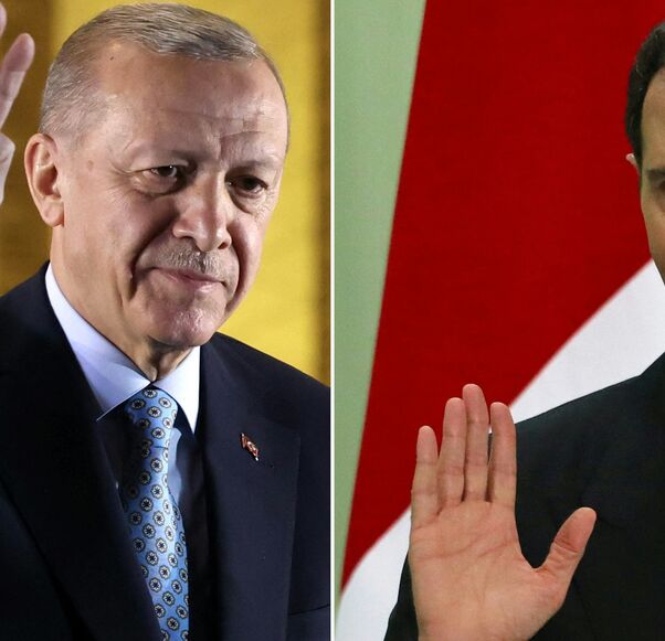 This combination of file photographs created on July 7, 2024, shows Turkey's President Recep Tayyip Erdogan (L) in Ankara on May 29, 2023, and Syria's President Bashar al-Assad in Damascus on July 16, 2023. 