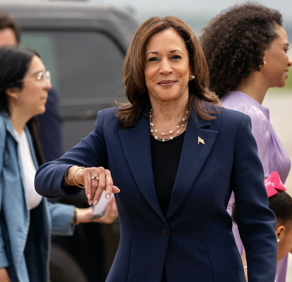 Democratic presidential candidate, US Vice President Kamala Harris, disembarks Air Force Two at the Milwaukee Mitchell International Airport on July 23, 2024 in Milwaukee, Wisconsin.