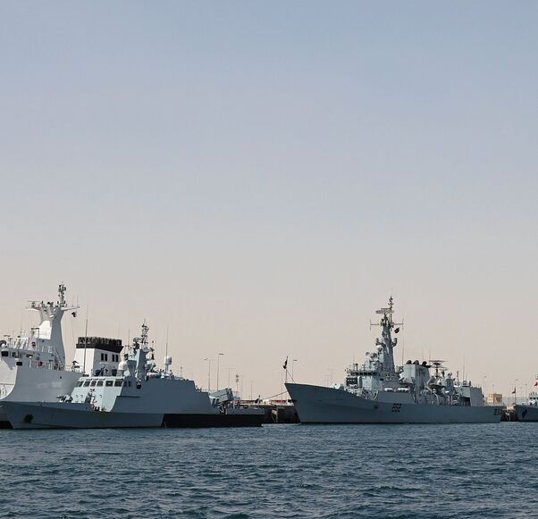 A general view shows warships docked at Hamad Port during the Doha International Maritime Defence Exhibition & Conference (DIMDEX), in the Qatari capital Doha on March 20, 2022. 