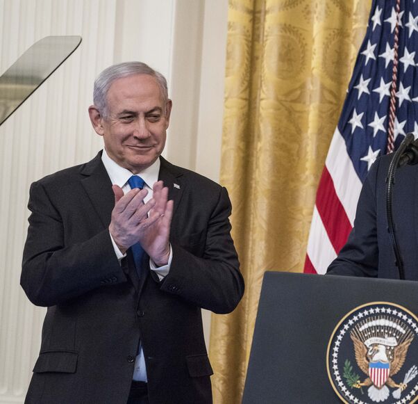 WASHINGTON, DC - JANUARY 28: U.S. President Donald Trump and Israeli Prime Minister Benjamin Netanyahu participate in a joint statement in the East Room of the White House on January 28, 2020 in Washington, DC. The news conference was held to announce the Trump administration's plan to resolve the Israeli-Palestinian conflict. (Photo by Sarah Silbiger/Getty Images)