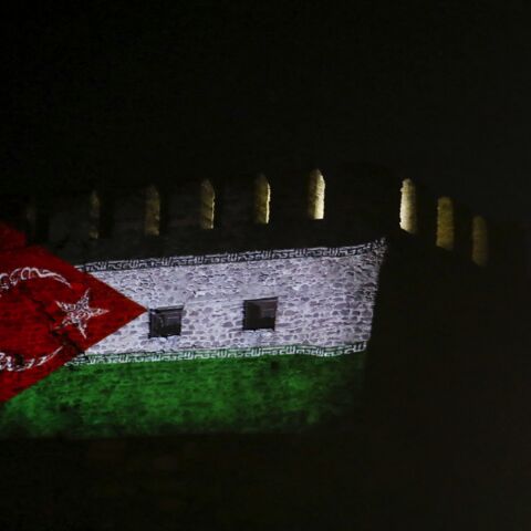 This photograph taken on May 14, 2014, shows a Gaza-Turkey solidarity flag projected on a wall of the Ankara Castle in Ankara, Turkey.