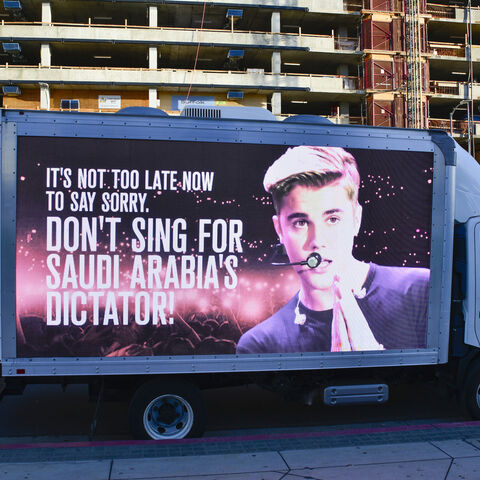 Mobile billboards urging Justin Bieber to cancel his upcoming concert in Saudi Arabia near the Microsoft Theater on Nov. 21, 2021 in Los Angeles, California.