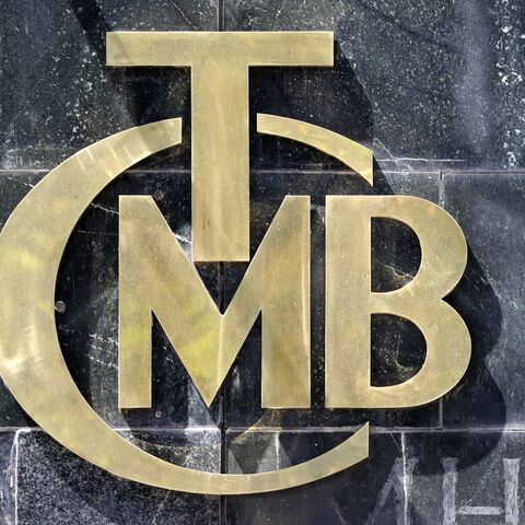 A picture taken on Aug. 14, 2018, shows the logo of Turkey's Central Bank (TCMB).