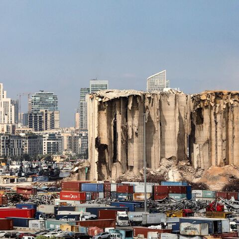 A picture shows the damaged grain silos at the port of Beirut.