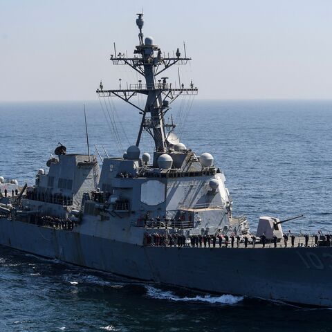 US Naval Ship USS Truxtun takes part in the multinational naval exercise 'AMAN-23' in the Arabian Sea near Pakistan's port city of Karachi on February 13, 2023, as more than 50 countries participating with ships and observers. (Photo by Asif HASSAN / AFP) (Photo by ASIF HASSAN/AFP via Getty Images)