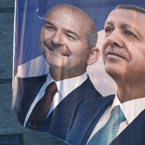 Flags fly over Taksim Square showing Turkey's President Recep Tayyip Erdogan and CHP presidential candidate, Kemal Kilicdaroglu on May 13, 2023 in Istanbul, Turkey. On May 14th, President Recep Tayyip Erdogan will face his biggest electoral test as the country goes to the polls in the country's general election. Erdogan has been in power for more than two decades -- first as prime minister, then as president -- but his popularity has recently taken a hit due to Turkey's ongoing economic crisis and his gover