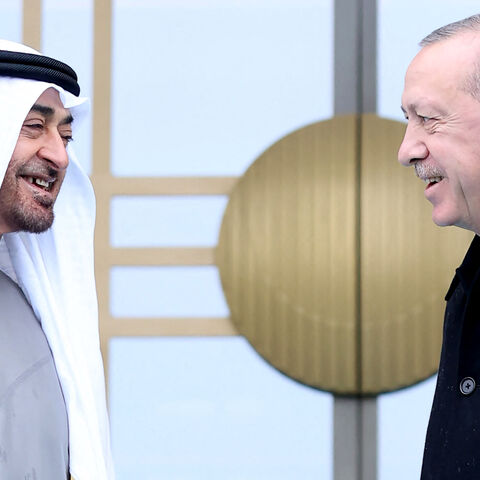  Turkish President Recep Tayyip Erdogan (R) welcomes Abu Dhabi's Crown Prince Sheikh Mohammed bin Zayed Al Nahyan (R) during an official ceremony at the Presidential Complex in Ankara, on November 24, 2021. (Photo by Adem ALTAN / AFP) (Photo by ADEM ALTAN/AFP via Getty Images)