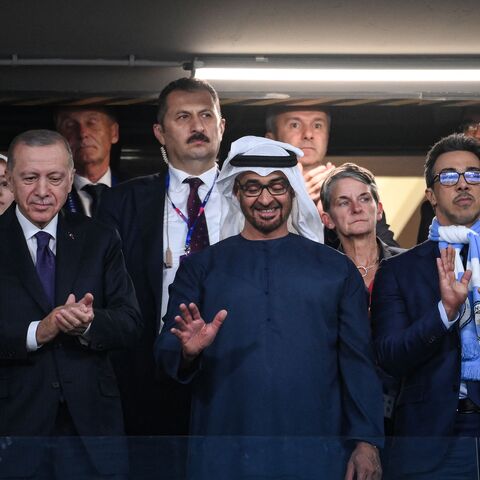 Turkey's President Recep Tayyip Erdogan (L), UAE President Sheikh Mohamed bin Zayed al-Nahyan (C) and Manchester City's Emirati owner Sheikh Mansour bin Zayed al-Nahyan (R) attend the UEFA Champions League final football match between Inter Milan and Manchester City at the Ataturk Olympic Stadium in Istanbul, on June 10, 2023. (Photo by FRANCK FIFE / AFP) (Photo by FRANCK FIFE/AFP via Getty Images)