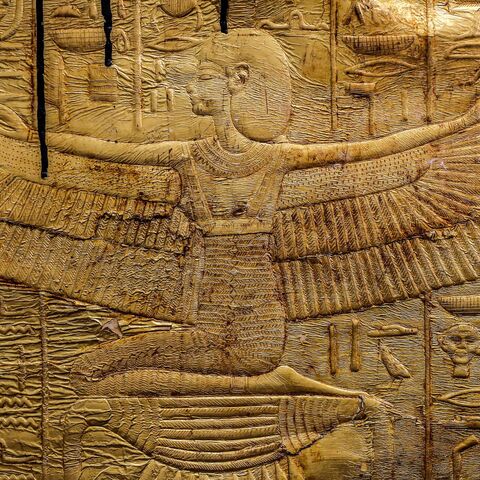 A relief from the foot of the golden sarcophagus of the Egyptian Pharaoh Tutankhamun (r. 1342–1325 BC) in the restoration lab of the new Grand Egyptian Museum (GEM), Giza, Sept. 21, 2019.