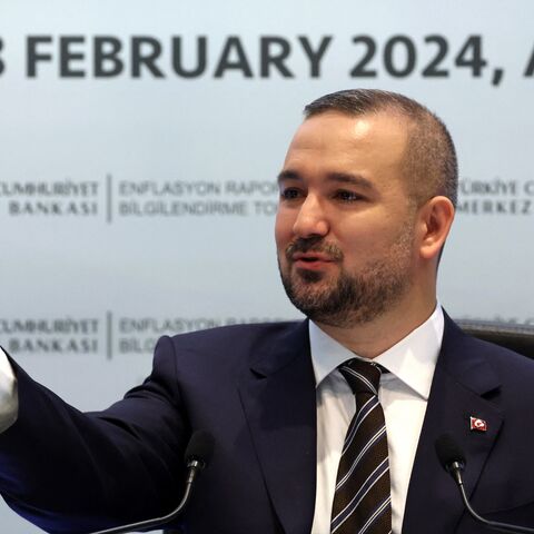 Turkish Central Bank Governor Fatih Karahan gestures as he speaks during the first meeting of the year in Ankara, Feb. 8, 2024