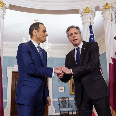Qatari Prime Minister and Foreign Minister Mohammed Bin Abdulrahman Al Thani greets Secretary of State Antony Blinken (R) in the Treaty Room of the State Department on March 5, 2024 in Washington, DC. 
