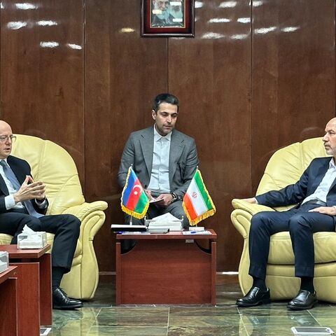 Azerbaijan's Minister of Energy Parviz Shahbazov meets with his Iranian counterpart Ali Akbar Mehrabian in Tehran on March 15, 2024.