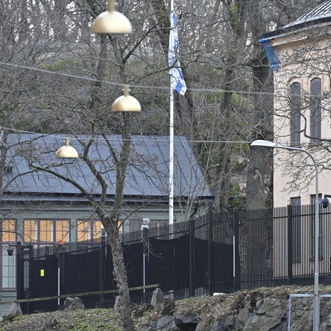 A police car is seen outside the Israeli Embassy in Stockholm, Swedem, Jan. 31, 2024.