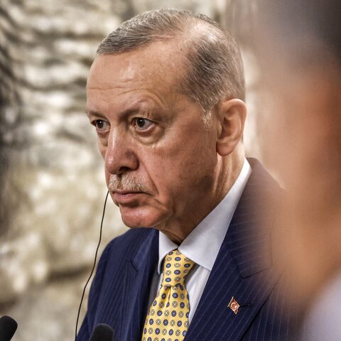 Turkey's president, Recep Tayyip Erdogan, looks on during a joint statement to the media in Baghdad on April 22, 2024. 