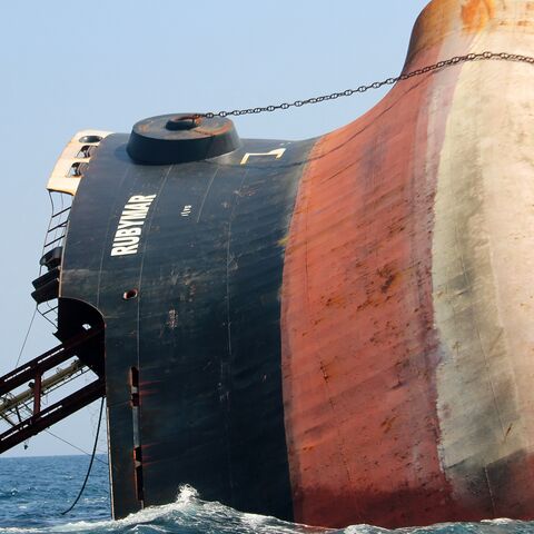 This picture taken on March 7, 2024, shows the Rubymar cargo ship partly submerged off the coast of Yemen.