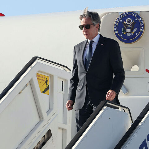 The aircraft of US Secretary of State Antony Blinken disembarks his aircraft as he arrives at Ben Gurion airport near Tel Aviv, on June 10, 2024. 