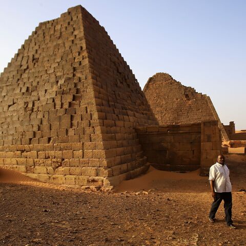 This picture taken on April 24, 2018, shows Meroitic pyramids at the archaeological site of Bajarawiya, near Hillat ed Darqab, some 250 kilometers northeast of Khartoum.