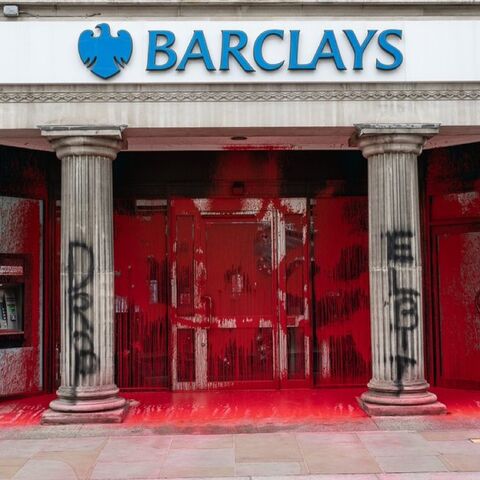 A branch of Barclays in the United Kingdom vandalized by protestors and circulated by Palestine Action on June 10, 2024