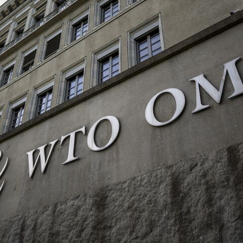A picture taken in Geneva on Feb. 5, 2024, shows the logo of the intergovernmental World Trade Organization (WTO) at its headquarters.
