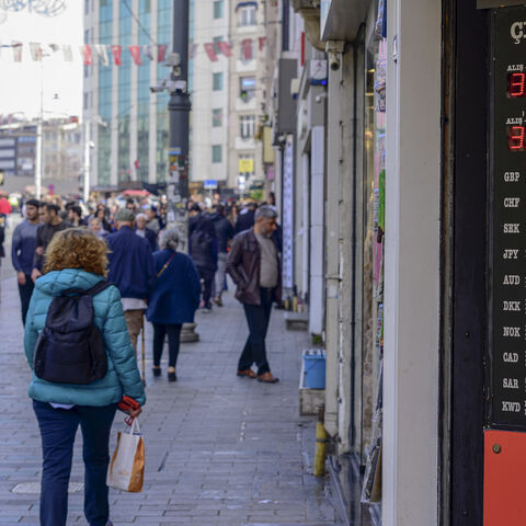 Foreign exchange rates are displayed against the Turkish lira on Istiklal Avenue, Istanbul, Turkey, March 21, 2024.
