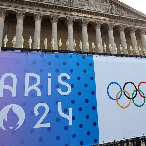 This photograph shows Paris 2024 Olympics Games banner in front of the National Assembly, in Paris, on July 18, 2024.