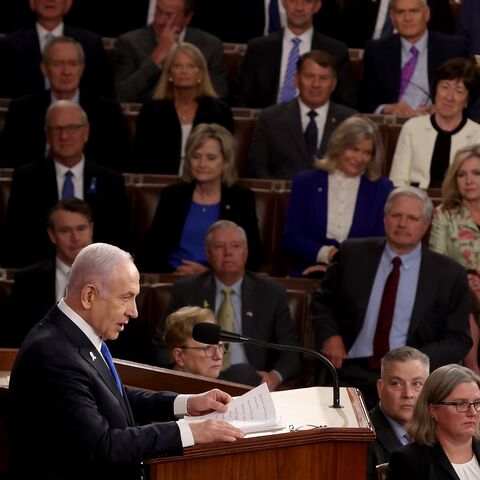 Israeli Prime Minister Benjamin Netanyahu addresses a joint meeting of Congress in the chamber of the House of Representatives at the US Capitol on July 24, 2024, in Washington, DC. 