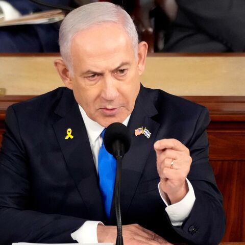  Israeli Prime Minister Benjamin Netanyahu addresses a joint meeting of Congress in the chamber of the House of Representatives at the U.S. Capitol on July 24, 2024, in Washington, DC.