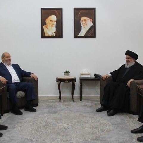 Hezbollah Secretary-General Hassan Nasrallah meets with Hamas deputy leader Khalil al-Hayya in Lebanon, July 5, 2024.