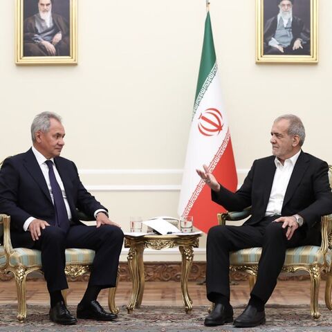 Iranian President Masoud Pezeskhian (R) meets with secretary of Russia’s Security Council Sergei Shoigu in Tehran on Aug. 5, 2024.