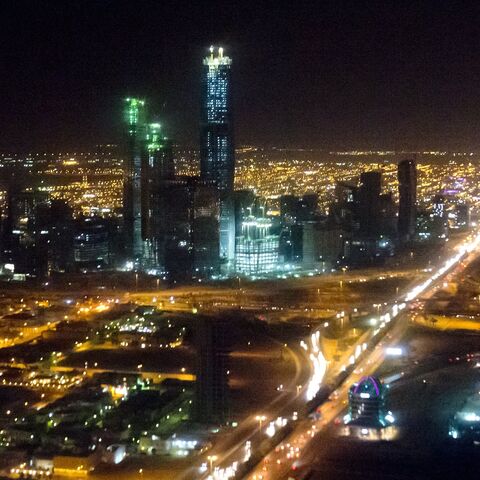 The skyline of Riyadh, Saudi Arabia, March 28, 2014, is seen at night in this aerial photograph from a helicopter. 