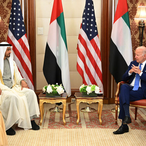 US President Joe Biden (R) and UAE President Sheikh Mohamed bin Zayed al-Nahyan (L) attend a bilateral meeting at a hotel in Saudi Arabia's Red Sea coastal city of Jeddah on July 16, 2022. (Photo by MANDEL NGAN / AFP) (Photo by MANDEL NGAN/AFP via Getty Images)