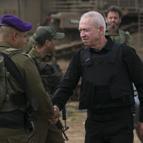 Israeli Minister of Defense Yoav Gallant meets soldiers on the Israeli border with the Gaza Strip, Sderot, Israel, Oct. 19, 2023.