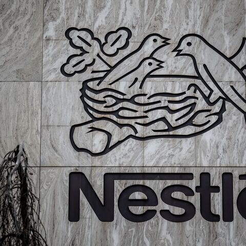 A picture taken on Feb. 21, 2024, shows the logo of Swiss food giant Nestle on the company's headquarters in Vevey, in western Switzerland. 