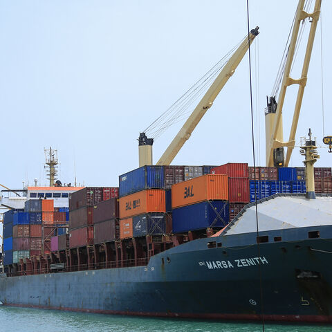 A cargo ship is docked at the port of Yemen's Huthi-held city of Hodeida on July 28, 2024. Photo by -/AFP via Getty Images)