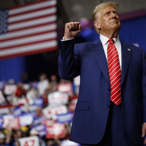 Republican presidential nominee, former US President Donald Trump, takes the stage during a campaign rally in the 1st Summit Arena at the Cambria County War Memorial on August 30, 2024, in Johnstown, Pennsylvania.