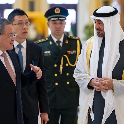 United Arab Emirates President Sheikh Mohammed bin Zayed Al Nahyan (R) hosted China’s Prime Minister Li Qiang in Abu Dhabi on Sept. 12, 2024.