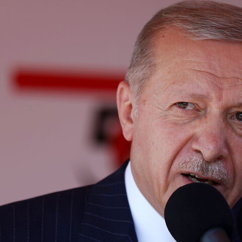 Turkish President Recep Tayyip Erdogan speaks during celebrations marking the 50th anniversary of Turkey's invasion of Cyprus on July 20, 2024 in occupied northern Nicosia, Cyprus.