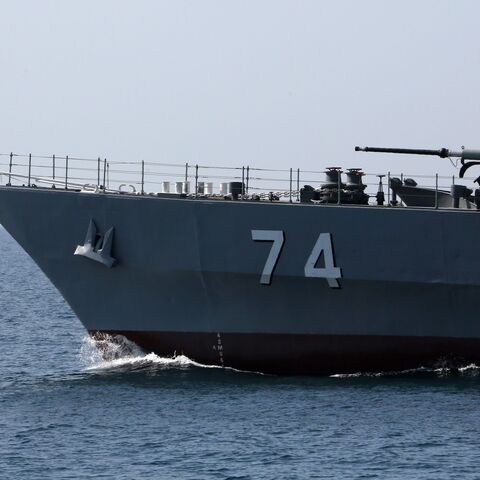 An Iranian Navy warship takes part in the "National Persian Gulf day" in the Strait of Hormuz, on April 30, 2019.