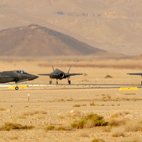 Italian F35 fighter jets take part in the "Blue Flag" multinational air defence exercise at the Ovda air force base, north of the Israeli city of Eilat, on November 11, 2019. (Photo by JACK GUEZ / AFP) (Photo by JACK GUEZ/AFP via Getty Images)