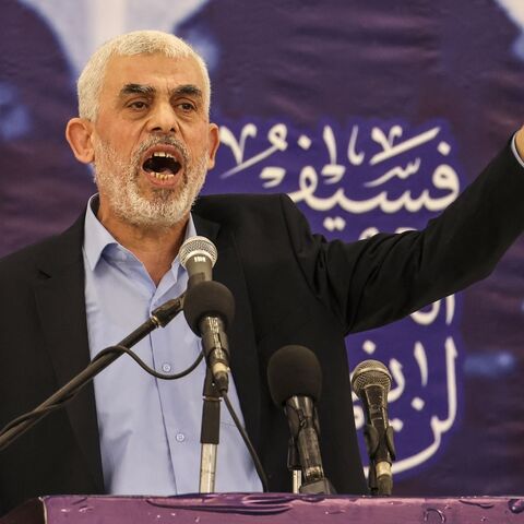 Yahya Sinwar, leader of the Palestinian Hamas movement speaks during a gathering in Gaza City, April 30, 2022.