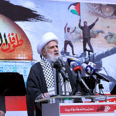 The deputy chief of Lebanon's Shiite militant group Hezbollah, Sheikh Naim Qassem, delivers a speech during a rally in Beirut on Oct. 13, 2023.