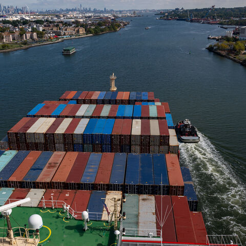 NEW YORK, NEW YORK - SEPTEMBER 30: A container ship departs the Port of Newark for the Atlantic Ocean on September 30, 2024 seen from New York City. A massive strike that could shut down ports across the East and Gulf coasts could begin at midnight as members of the International Longshoremen’s Association continue to make salary and other demands to the United States Maritime Alliance, which controls many of the ports across the country. (Photo by Spencer Platt/Getty Images)