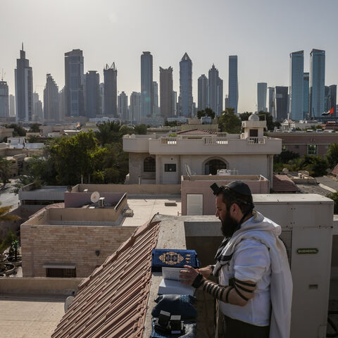 Rabbi Levi Duchman performs morning prayers on the roof of the Jewish Community Center of the UAE, Dubai, United Arab Emirates, March 22, 2021.