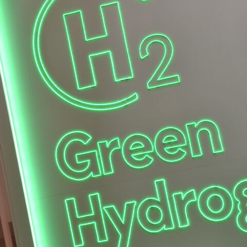 A logo for Green Hydrogen is seen at the 2023 Hannover Messe industrial trade fair on April 17, 2023, in Hanover, Germany.