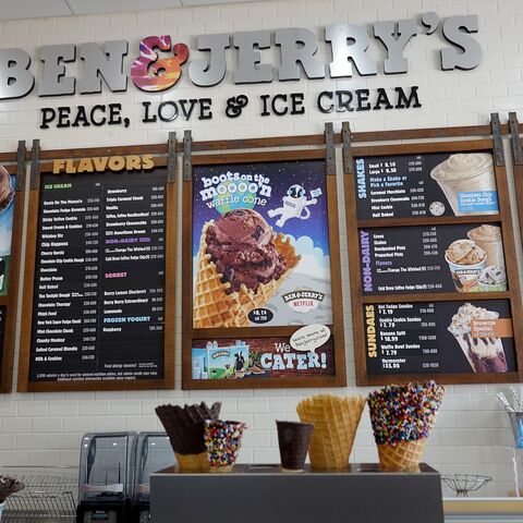 A menu hangs on the wall at a Ben & Jerry's ice cream store, Miami, Florida, on Sept. 23, 2021.