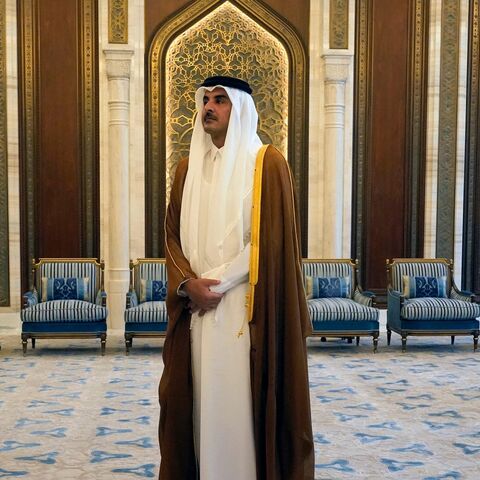 Qatar's Emir Sheikh Tamim bin Hamad al-Thani looks, in Lusail, Qatar, on Oct. 13, 2023. 