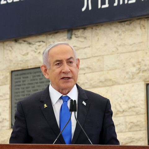 Israeli Prime Minister Benjamin Netanyahu speaks during a memorial ceremony for Israelis killed on the Hebrew calendar anniversary of the Hamas attack on October 7 last year that sparked the ongoing war in Gaza, at the Mount Herzl military cemetery in Jerusalem on Oct. 27, 2024. 