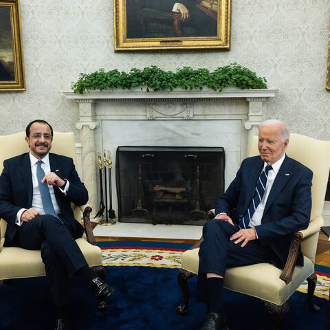 US President Joe Biden (R) holds a bilateral meeting with Cypriot President Nikos Christodoulides in the Oval Office of the White House, Washington, Oct. 30, 2024.