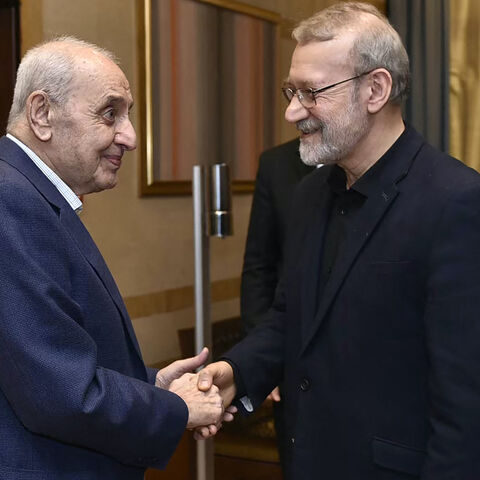 Senior adviser to Iran's supreme leader Ali Larijani (R) meets with Lebanon's Parliament Speaker Nabih Berri (L) in Beirut on Nov. 15, 2024, amid the ongoing war between Israel and Hezbollah. 